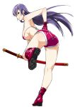 1girl ass bent_over bikini_top blue_eyes boots breasts busujima_saeko from_behind full_body gishi gloves hand_on_hip highres highschool_of_the_dead katana legs long_hair looking_at_viewer looking_back purple_hair scabbard sheath short_shorts shorts sideboob smirk solo sword weapon white_background 