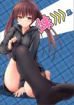  1boy 1girl adjusting_clothes adjusting_legwear artist_request black_legwear blush brown_eyes brown_hair cover cover_page giantess highres hoodie miniboy naughty_face scan size_difference thigh-highs twintails zettai_ryouiki 