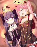  2girls ange_vierge angry backpack bag bare_shoulders blush breasts cleavage closed_eyes detached_sleeves dress frills hair_ornament large_breasts long_hair long_sleeves multiple_girls nmaaaaa open_mouth original pink_hair purple_hair randoseru red_eyes smile tail 