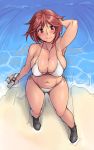  1girl beach bespectacled bikini blush boots breasts brown_eyes brown_hair camera cleavage from_above glasses hand_behind_head large_breasts light_smile looking_at_viewer navel ocean older rozen_maiden short_hair side-tie_bikini solo souseiseki sweat swimsuit tsuda_nanafushi water waves 