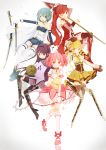  5girls :d akemi_homura beret blonde_hair blue_eyes blue_hair bow bow_(weapon) cape choker elbow_gloves gloves grin gun hair_bow hair_ornament hair_ribbon hairband hand_on_own_chest hat highres jimmy kaname_madoka long_hair looking_at_viewer mahou_shoujo_madoka_magica miki_sayaka multiple_girls one_eye_closed open_mouth pink_eyes pink_hair polearm purple_hair red_eyes redhead ribbon rifle sakura_kyouko short_hair simple_background smile sword tagme tomoe_mami twintails violet_eyes weapon white_background white_gloves yellow_eyes 