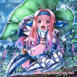  .hack// 1girl 2012 :d boots brown_eyes brown_hair crop_top facial_mark flatley flower frog gloves greaves guilty_dragon hairband knee_boots leaf_umbrella long_hair midriff minimaru open_mouth rain smile solo squatting tattoo 