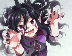  1boy black_hair black_nails face fingernails gandaresu_baran inazuma_eleven_(series) inazuma_eleven_go inazuma_eleven_go_galaxy long_fingernails long_hair looking_at_viewer male open_mouth pimgier pointy_ears solo violet_eyes 