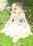  1girl absurdres bandage_over_one_eye bandages barefoot blonde_hair blue_eyes blush bullet dress elf flower flower_wreath foreshortening grass highres long_hair pointy_ears scan scar shell_casing sitting smile solo tsurusaki_takahiro very_long_hair wariza white_dress 