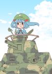  1girl bandaid bandaid_on_nose blue_eyes blue_hair blush chibi cucumber dress eating food hair_bobbles hair_ornament hat kawashiro_nitori key long_sleeves military military_vehicle shirt short_hair short_twintails solid_oval_eyes solo tank touhou twintails type_97_chi-ha vehicle 