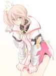  1girl alicia_(tales) armor blush brown_hair covering embarrassed gloves green_eyes heke jacket short_hair side_ponytail skirt solo tales_of_(series) tales_of_zestiria white_background 