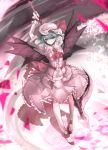  1girl arms_up ascot bat_wings dress fang frilled_sleeves frills holding_weapon lavender_hair looking_at_viewer mob_cap pink_dress puffy_short_sleeves puffy_sleeves red_eyes remilia_scarlet shoes short_hair short_sleeves spear_the_gungnir standing touhou wings wrist_cuffs yutapon 