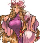  1girl blonde_hair breasts hand_in_hair hand_on_hip hat highres huge_breasts leaning_forward long_hair nameo_(judgemasterkou) smile solo touhou yakumo_yukari yellow_eyes 