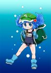  1girl backpack bag blue_eyes blue_hair boots byourou character_name chibi hair_bobbles hair_ornament hat kawashiro_nitori key short_hair solo swimsuit touhou twintails underwater 