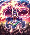 1girl arm_over_head blue_hair bow embers fire food fruit hat highres hinanawi_tenshi layered_skirt leaf light_trail long_hair looking_at_viewer open_mouth peach red_eyes rock rubble short_sleeves skirt sky solo star_(sky) starry_sky sword_of_hisou t.m_(aqua6233) touhou twilight wind_lift