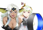  2girls angel angel_wings archangel_metatron_(p&amp;d) armor armored_dress bangs bare_shoulders black_dress black_gloves bladeless_fan blue_eyes blunt_bangs braid breasts circlet cleavage collarbone dark_angel_metatron_(p&amp;d) dark_skin dress dyson elbow_gloves fan feathered_wings gem gloves great_valkyrie_(p&amp;d) hair_ornament halterneck head_wings jewelry leaf leaf_hair_ornament long_hair looking_up multiple_girls open_mouth puzzle_&amp;_dragons red_eyes silver_hair simple_background single_braid sleeveless sleeveless_dress sweat tenamaru text valkyrie valkyrie_(p&amp;d) wavy_hair white_background wind wings 