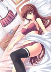  1girl bed black_legwear blanket blouse bra breasts brown_eyes brown_hair hair_ornament highres kantai_collection long_hair lying on_back on_bed open_mouth panties petals pillow red_bra red_panties single_thighhigh skirt solo srwsrx_(gp03dsrx) thigh-highs underwear watch yamato_(kantai_collection) 