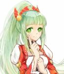  1girl green_eyes green_hair index_finger_raised laila_(tales) long_hair lyra-kotto ponytail smile solo tales_of_(series) tales_of_zestiria white_background 