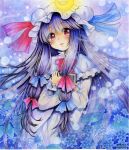  1girl blush book bow capelet crescent double_bun dress flower glowing hair_bow hair_ornament hat hat_bow highres lips long_hair long_sleeves marker_(medium) mob_cap mosho parted_lips patchouli_knowledge purple_hair red_eyes smile solo star touhou traditional_media very_long_hair watercolor_(medium) 