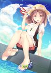  1girl alternate_costume barefoot feet flip-flops hat highres jewelry kantai_collection legs necklace personification sandals single_shoe sitting soles straw_hat toes zuihou_(kantai_collection) 
