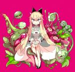  1girl blonde_hair bow breasts cleavage dress drooling green_eyes hair_bow hands_on_lap large_breasts light_smile long_hair no_socks original plant pumps rafflesia_(flower) red_background saliva sitting solo tera venus_flytrap very_long_hair 