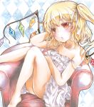  1girl :o alternate_costume argyle argyle_background bare_legs barefoot blonde_hair blush chair collarbone colored_pencil_(medium) dress facing_away flandre_scarlet hair_ribbon hand_behind_head head_rest head_tilt hoppesatou knees_up marker_(medium) outline red_eyes ribbon short_hair side_ponytail sitting solo strap_slip sundress touhou traditional_media watercolor_(medium) wings 