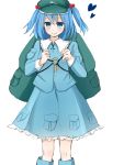  1girl backpack bag blue_eyes blue_hair boots dress hair_bobbles hair_ornament hat heart highres kawashiro_nitori key long_sleeves pocket rubber_boots short_hair short_twintails simple_background skirt skirt_set solo touhou twintails white_background 