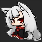  1girl animal_ears chibi inunoko. long_hair looking_at_viewer original red_eyes silver_hair sitting solo tail wolf_ears wolf_tail 