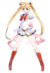  1girl :o bishoujo_senshi_sailor_moon blonde_hair blue_eyes boots bow brooch double_bun earrings elbow_gloves gloves hair_ornament hairpin jewelry knee_boots long_hair magical_girl pleated_skirt ribbon sailor_collar sailor_moon skirt solo standing super_sailor_moon tiara tsukino_usagi twintails white_background white_gloves yostxxx 