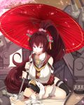  1boy 1girl admiral_(kantai_collection) blush breasts brown_eyes brown_hair cherry_blossoms detached_sleeves flower hair_flower hair_ornament hews_hack kantai_collection long_hair oriental_umbrella personification petals ponytail sitting smile thigh-highs umbrella very_long_hair yamato_(kantai_collection) 