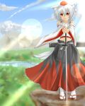  1girl absurdres animal_ears bare_shoulders blush breasts detached_sleeves hat highres inubashiri_momiji judo_fuu long_sleeves looking_away midriff pom_pom_(clothes) red_eyes sandals short_hair silver_hair sky smile solo sword sword_bag tail tokin_hat touhou weapon wolf_ears wolf_tail 