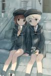  2girls blonde_hair blue_eyes brown_eyes brown_hair clothes_writing cocolo_(artist) flower hat holding kantai_collection looking_at_viewer multiple_girls parted_lips sailor_dress sailor_hat short_hair sitting smile stairs z1_leberecht_maass_(kantai_collection) z3_max_schultz_(kantai_collection) 