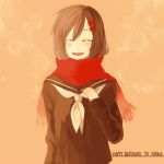  1girl artist_request blush brown_hair character_name closed_eyes hairclip happy happy_birthday kagerou_project long_hair open_mouth scarf school_uniform seifuku simple_background smile solo source_request tateyama_ayano 