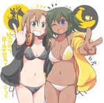  2girls bad_id bad_pixiv_id bikini black_bikini blush breasts brown_hair celebi_ryousangata dark-skinned_female dark_green_hair dark_skin female female_duo female_only green_eyes green_hair grin idolmaster idolmaster_cinderella_girls jacket large_breasts light_brown_hair looking_at_viewer medium_breasts multiple_girls natalia_(idolmaster) one_eye_closed open-mouth_smile open_mouth pale-skinned_female purple_eyes short_hair swimsuit tada_riina v violet_eyes 