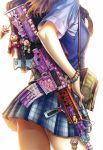  1girl absurdres assault_rifle bag bloom bracelet brown_hair gun hand_on_hip head_out_of_frame highres hiroe_rei jewelry keychain long_hair plaid plaid_skirt pleated_skirt rifle scan school_uniform shoulder_bag simple_background skirt solo weapon white_background 