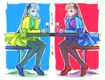  2girls alternate_color blue_eyes capcom_fighting_jam chin_rest clone cup gloves hairpods highres ingrid kimuchi long_hair looking_at_viewer mary_janes multiple_girls pantyhose player_2 red_eyes shoes silver_hair sitting sketch skirt skirt_set symmetry white_gloves white_hair wine_glass 