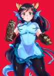  &gt;:o 1girl :o black_gloves black_hair black_legwear blue_dress blue_eyes brass_knuckles breasts china_dress chinese_clothes clenched_hands dragon_girl dragon_horns dragon_tail dress elbow_gloves gauntlets gloves head_fins horns karin_(p&amp;d) long_hair low-tied_long_hair onaramaru pantyhose puzzle_&amp;_dragons scales short_sleeves solo spikes tail weapon 