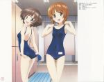  2girls absurdres adjusting_clothes adjusting_swimsuit akiyama_yukari ass back blue_swimsuit blush brown_eyes brown_hair girls_und_panzer highres indoors locker_room looking_at_viewer looking_back multiple_girls nishizumi_miho official_art one-piece_swimsuit open_mouth scan school_swimsuit short_hair smile standing sugimoto_isao swimsuit thigh_gap 