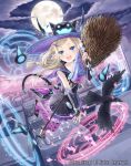  1girl :d aqua_eyes bird blonde_hair broom cardfight!!_vanguard character_request crow hair_ornament hairclip hat holding long_hair magic_circle open_mouth smile solo tadokoro_teppei witch_hat 