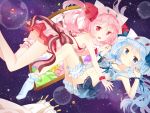  2girls :&lt; :d absurdres aqua_hair blue_eyes bow fang hair_ornament hat highres jimmy long_hair multiple_girls open_mouth original pink_hair red_eyes sky smile star_(sky) starry_sky swimsuit tagme twintails wrist_cuffs 