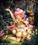  1girl ahoge apple972 bare_shoulders barefoot black_eyes child dress drowsy flower kneeling nature original pink_hair solo stretch tears tree 