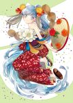  1girl aoi89 bare_shoulders blonde_hair blue_eyes flower hair_ornament hakama hat japanese_clothes liquid_hair long_hair original sandals smile solo tagme very_long_hair 