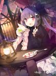  1girl ange_vierge cup dress frills hair_ornament lantern long_hair long_sleeves looking_at_viewer nmaaaaa open_mouth original purple_hair red_eyes saucer sitting smile solo spoon table teacup twintails 