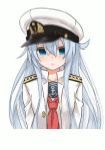  1girl admiral_(kantai_collection)_(cosplay) animated animated_gif azuuru_(azure0608) blue_eyes hat hibiki_(kantai_collection) kantai_collection long_hair lowres naval_uniform ugoira white_hair 