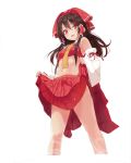  1girl bare_shoulders blush bow brown_hair detached_sleeves hair_bow hair_tubes hakurei_reimu japanese_clothes long_hair miko navel open_mouth red_eyes skirt skirt_lift smile solo touhou wide_sleeves yonggi 