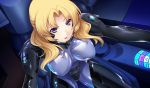  1girl artist_request blonde_hair bodysuit breasts character_request cockpit from_above josset_danbellecoux long_hair muvluv muvluv_alternative open_mouth sitting solo violet_eyes 