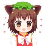  1girl bebelona brown_eyes brown_hair chen earrings fang hat heart jewelry looking_at_viewer open_mouth paw_print short_hair solo touhou 