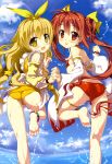  2girls :p absurdres aihara_enju anklet ass barefoot bikini black_bullet blonde_hair bow brown_hair clouds detached_sleeves feet flat_chest fujima_takuya hair_bow highres holding_hands jewelry legs long_hair looking_back multiple_girls nyantype official_art red_eyes scan sky soles swimsuit tenchu_gaazu tina_sprout toes tongue tongue_out twintails very_long_hair water wet yellow_eyes 