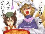  2girls animal_ears bell blonde_hair blue_eyes brown_hair cat_ears chen earrings facial_tattoo fangs fox_tail happy hat heart jewelry jingle_bell makeup multiple_girls multiple_tails open_mouth red_eyes ryuuichi_(f_dragon) short_hair smile sushi tabard tail tattoo touhou translated yakumo_ran 