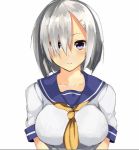  1girl animated animated_gif blue_eyes breasts bust closed_eyes hair_ornament hair_over_one_eye hairclip hamakaze_(kantai_collection) head_tilt kantai_collection large_breasts school_uniform serafuku silver_hair simple_background skirt solo ugoira white_background 