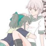  2girls brown_eyes green_hair hair_ribbon hand_on_another&#039;s_head hug kantai_collection long_hair multiple_girls panties pink_panties ponytail ribbon school_uniform serafuku skirt udon_(shiratama) underwear very_long_hair yura_(kantai_collection) yuubari_(kantai_collection) 