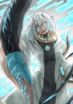  1girl blue_eyes ellen_(pale_blue) horns looking_at_viewer monster_girl multiple_tails open_mouth pale_blue smile solo tail white_hair zahwa_winessya 