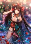  1girl asymmetrical_legwear bracelet breasts brown_hair cleavage flower from_above hair_between_eyes japanese_clothes jewelry kazari_tayu kimono kneeling large_breasts long_hair looking_at_viewer looking_up necklace obi red_eyes sash solo tenka_touitsu_chronicle thigh_strap very_long_hair water wet 