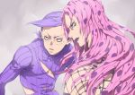  2boys chocolate_sable diavolo freckles jojo_no_kimyou_na_bouken lipstick long_hair makeup midriff multiple_boys pink_hair purple_hair sweater vinegar_doppio yellow_eyes 