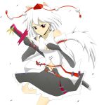  1girl animal_ears bare_shoulders breasts detached_sleeves hat highres inubashiri_momiji looking_at_viewer midriff moai_ex navel pom_pom_(clothes) red_eyes sarashi short_hair silver_hair simple_background solo sword sword_bag tail tokin_hat touhou weapon white_background wolf_ears wolf_tail 
